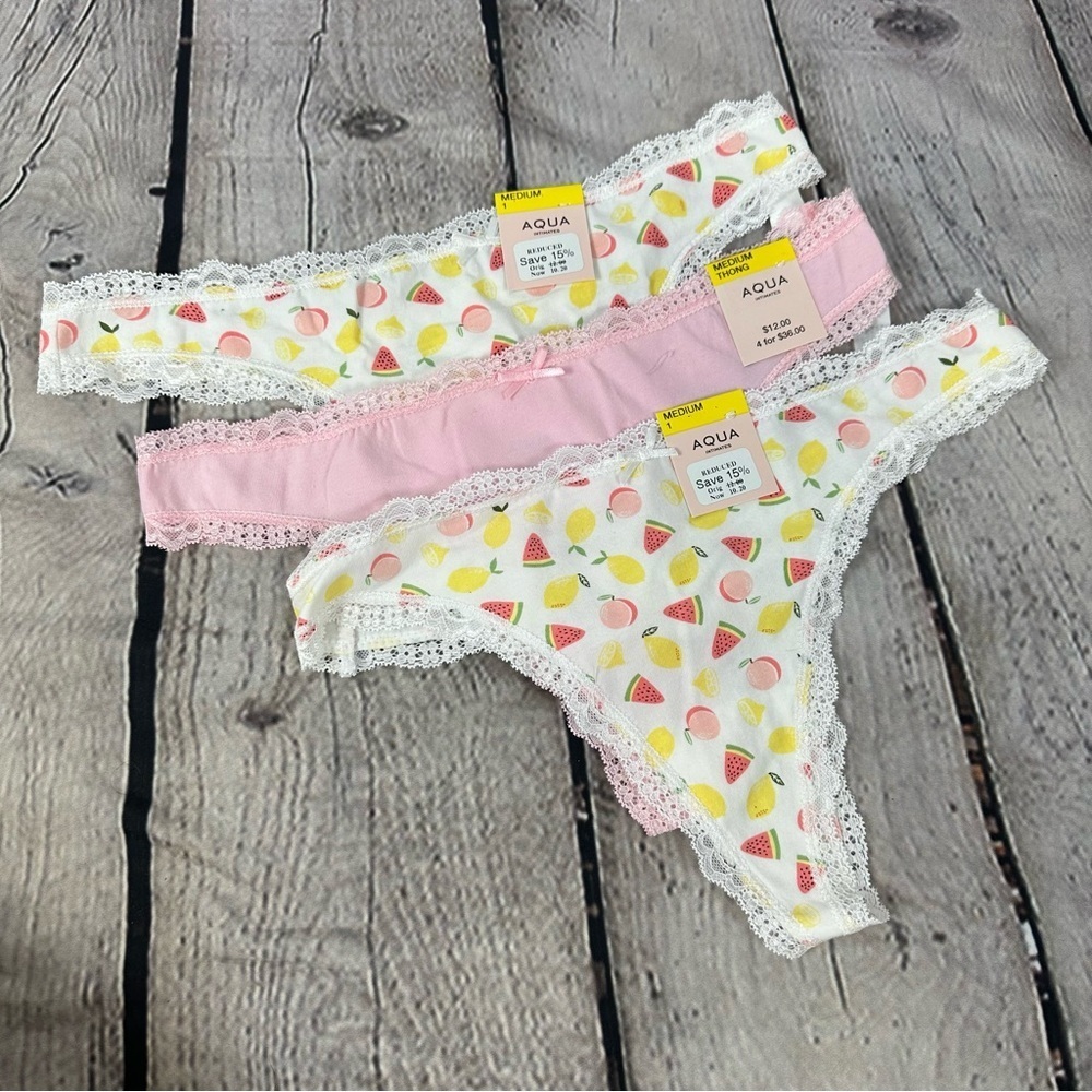 Aqua Intimates Lace Trim Thong Panties Underwear Set of Three White & Pink M NWT